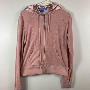 Womens Vintage Apollo Velour Zip‎ Hoodie Pink Satin Hood L